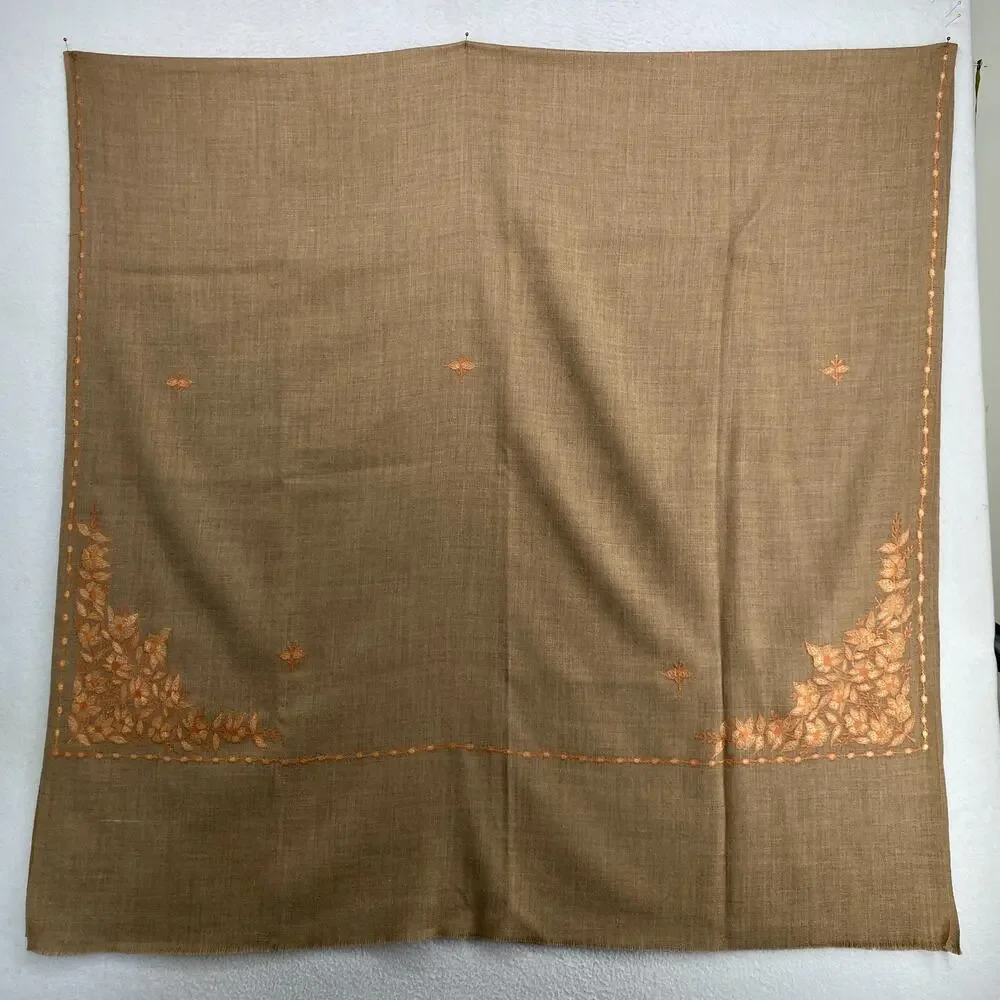 Wool Scarf Shawl Kashmiri Wrap Embroidered Floral Oversized Fringe Camel Brown